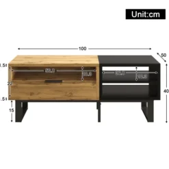 Sofa bord med farveblokdesign, metalben & skuffer - Praktisk stuebord Oak