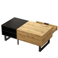Sofa bord med farveblokdesign, metalben & skuffer - Praktisk stuebord Oak