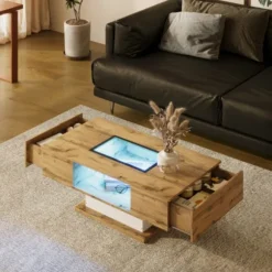 Sofa bord med farveskiftende LED-belysning og glasplade, 2 skuffer, moderne sidebord Natural