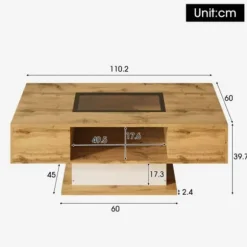 Sofa bord med farveskiftende LED-belysning og glasplade, 2 skuffer, moderne sidebord Natural