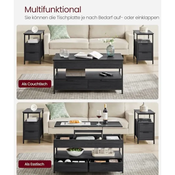 Sofa Bord, Stuebord, med Opbevaringsskuffer, Koksgrå og Blæksort
