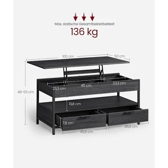 Sofa Bord, Stuebord, med Opbevaringsskuffer, Koksgrå og Blæksort