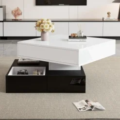 Sofa bord 70x70 cm med 360° roterende top & 3 skuffer - dobbeltlagsdesign, hvid/sort White+Black