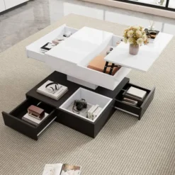 Sofa bord 70x70 cm med 360° roterende top & 3 skuffer - dobbeltlagsdesign, hvid/sort White+Black