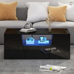 Sofa bord 100x50cm sort med LED-belysning, 2 skabe & skuffe, højglans, irregulært design Black