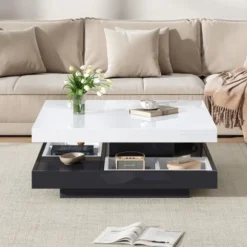 Sofa bord 70x70x36cm med 360° roterende top, 2-lags funktionelt stuebord, højglans hvid & sort Black White