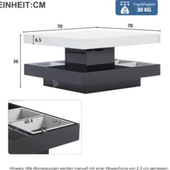 Sofa bord 70x70x36cm med 360° roterende top, 2-lags funktionelt stuebord, højglans hvid & sort Black White