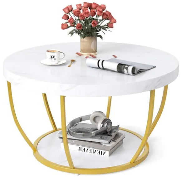 Sofabord 80cm med 2 Niveauer COSTWAY, Metalramme, Cocktailbord i Træ, Rundt Sidebord til Værelset, Hvid Vitt och guld