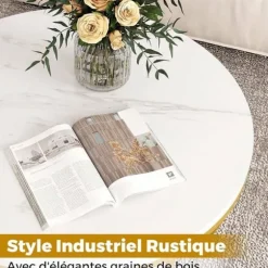 Sofabord 80cm med 2 Niveauer COSTWAY, Metalramme, Cocktailbord i Træ, Rundt Sidebord til Værelset, Hvid Vitt och guld