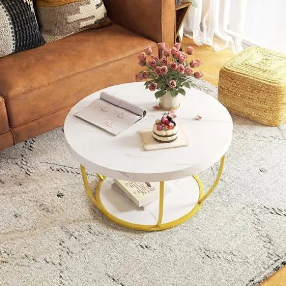 Sofabord 80cm med 2 Niveauer COSTWAY, Metalramme, Cocktailbord i Træ, Rundt Sidebord til Værelset, Hvid Vitt och guld