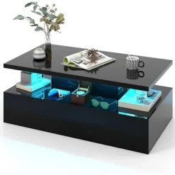 Sofabord i 2 Niveauer - COSTWAY - 20 Justerbare LED-Lamper med Fjernbetjening - Sort Skinnende Sofabord Svart