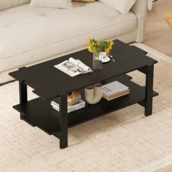 Sofabord i 2 niveauer COSTWAY, Lameltræ, Opbevaringshylde, Rektangulært Accentbord Maksimal belastning 120 KG, Sort