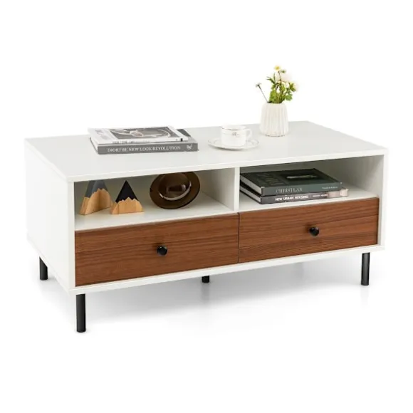 Sofabord med 2 skuffer og 2 hylder Rektangulært stuebord med opbevaringsplads 95 x 48 x 45 cm