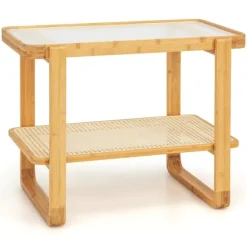 Sofabord med aftagelig glasplade & rattanhylde Sofabord med bambusstel