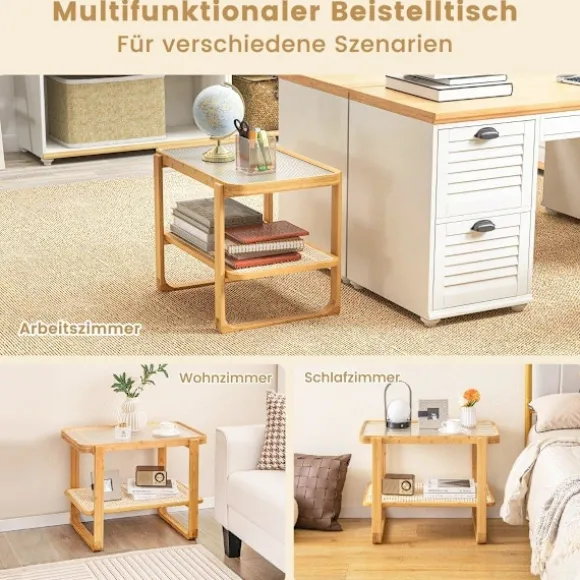 Sofabord med aftagelig glasplade & rattanhylde Sofabord med bambusstel