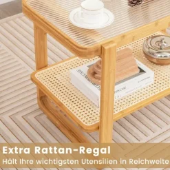 Sofabord med aftagelig glasplade & rattanhylde Sofabord med bambusstel