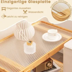 Sofabord med aftagelig glasplade & rattanhylde Sofabord med bambusstel