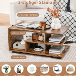 Sofabord med opbevaring & L-formet midterhylde rektangulært stuebord accent bord brun