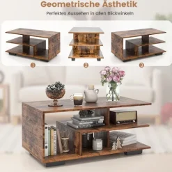 Sofabord med opbevaring & L-formet midterhylde rektangulært stuebord accent bord brun