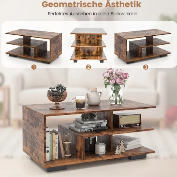 Sofabord med opbevaring & L-formet midterhylde rektangulært stuebord accent bord brun