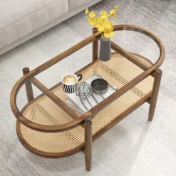 Sofabord sidebord med glasbordplade & rattanhylde 102 x 56 x 47 cm brun