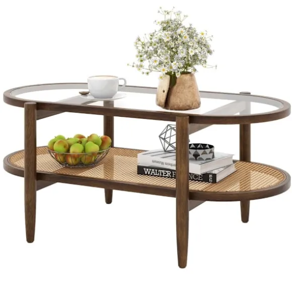 Sofabord sidebord med glasbordplade & rattanhylde 102 x 56 x 47 cm brun