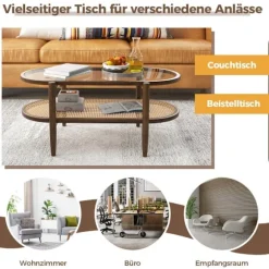 Sofabord sidebord med glasbordplade & rattanhylde 102 x 56 x 47 cm brun