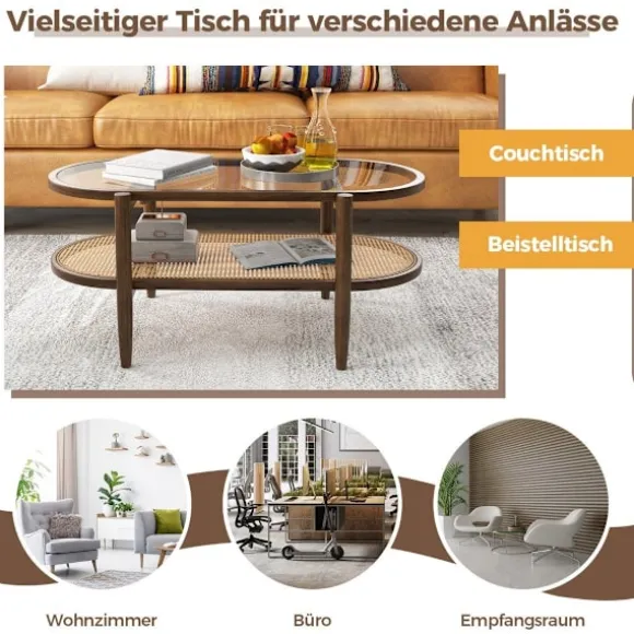 Sofabord sidebord med glasbordplade & rattanhylde 102 x 56 x 47 cm brun