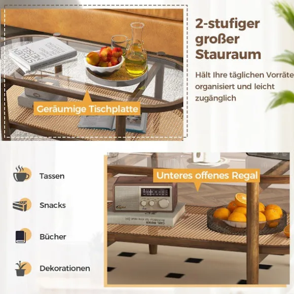 Sofabord sidebord med glasbordplade & rattanhylde 102 x 56 x 47 cm brun