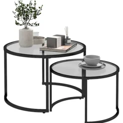 Sofabord Sæt Af 2, Sidebord Med Sort Stålstel, Sofabord, Sofabord Med Hærdet Glas Bordplade, Delvis Stabelbar