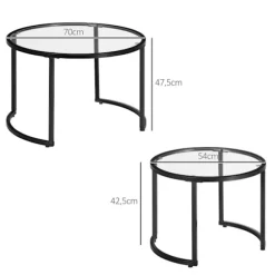 Sofabord Sæt Af 2, Sidebord Med Sort Stålstel, Sofabord, Sofabord Med Hærdet Glas Bordplade, Delvis Stabelbar