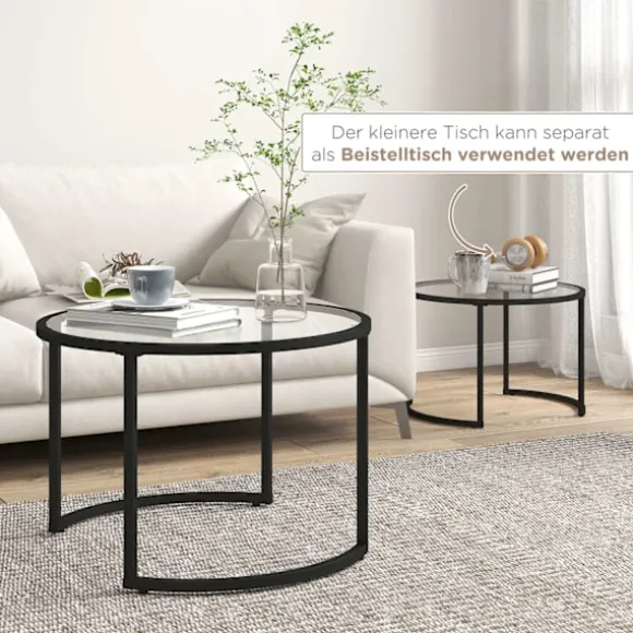 Sofabord Sæt Af 2, Sidebord Med Sort Stålstel, Sofabord, Sofabord Med Hærdet Glas Bordplade, Delvis Stabelbar
