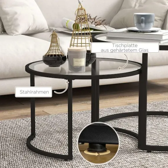 Sofabord Sæt Af 2, Sidebord Med Sort Stålstel, Sofabord, Sofabord Med Hærdet Glas Bordplade, Delvis Stabelbar