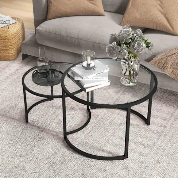 Sofabord Sæt Af 2, Sidebord Med Sort Stålstel, Sofabord, Sofabord Med Hærdet Glas Bordplade, Delvis Stabelbar