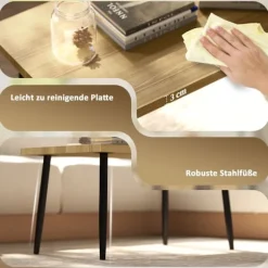 Sofabordsæt med 2 sideborde med stålstel, stuebord, sofabord til stue, soveværelse, naturlig Aosom