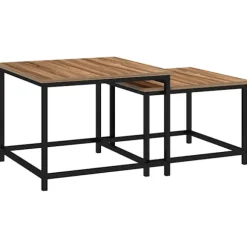 Sofabordsæt Med 2 Sideborde I Industrielt Design, Stuebord Med Trælook, Stål, Natur