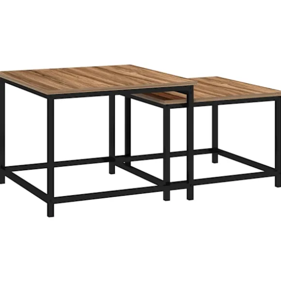 Sofabordsæt Med 2 Sideborde I Industrielt Design, Stuebord Med Trælook, Stål, Natur