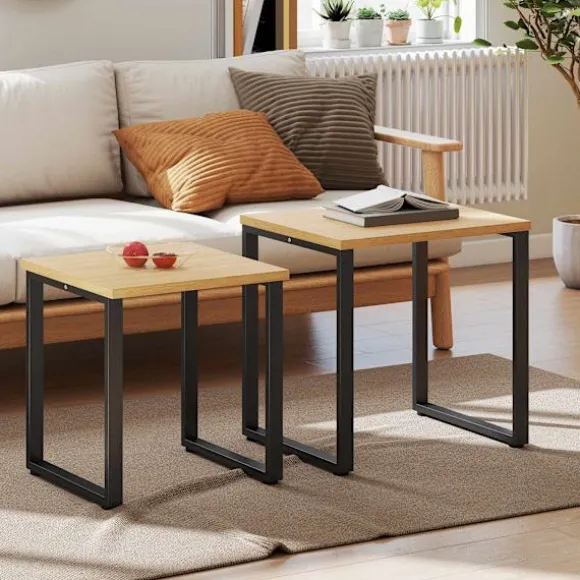 Sofabordsæt med 2, trælook, metalstel, indbygget design