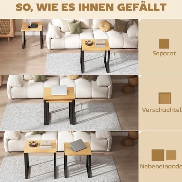 Sofabordsæt med 2, trælook, metalstel, indbygget design