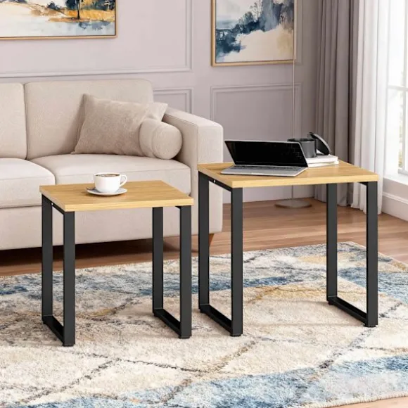 Sofabordsæt med 2, trælook, metalstel, indbygget design