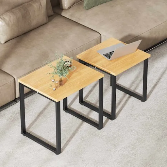 Sofabordsæt med 2, trælook, metalstel, indbygget design