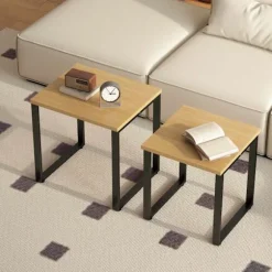 Sofabordsæt med 2, trælook, metalstel, indbygget design