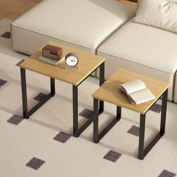 Sofabordsæt med 2, trælook, metalstel, indbygget design