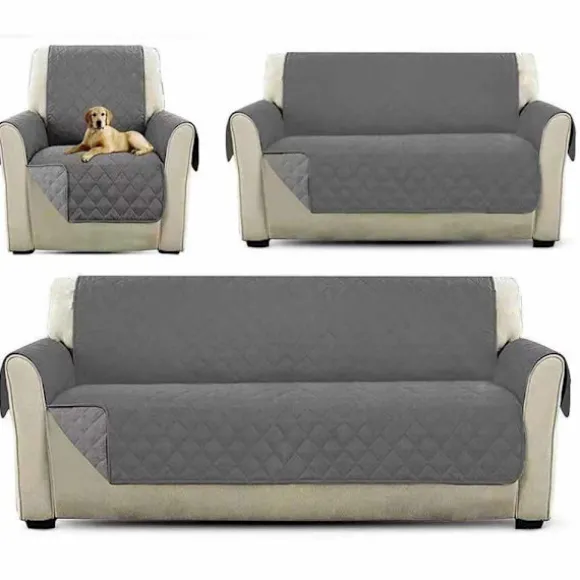 Sofaovertræk, Skridsikkert, Vendbart Møbelbeskyttelse, Vandtæt, Sofabeskyttelse med Elastiske Bånd, Husdyrsbeskyttelse (Enkeltpersoners, Grå)