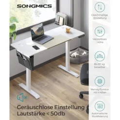 SONGMICS Højdejusterbart elektrisk skrivebord, hukommelsesfunktion med 4 højder, base hvid/beige