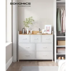 Songmics kommode, garderobeskab, opbevaringsenhed, 7 skuffer i stof med håndtag, metalram, hvid