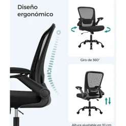 SONGMICS Kontorstol, Skrivebordsstol, Mesh Drejestol, Ergonomisk Computerstol, Sort