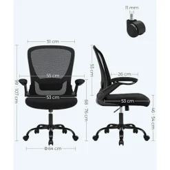 SONGMICS Kontorstol, Skrivebordsstol, Mesh Drejestol, Ergonomisk Computerstol, Sort