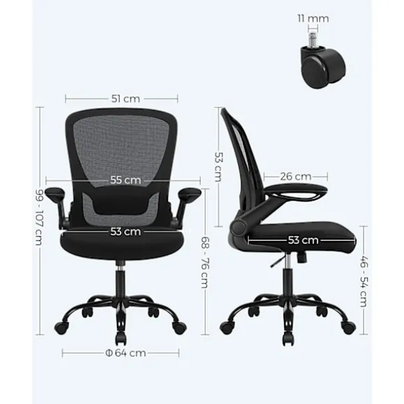SONGMICS Kontorstol, Skrivebordsstol, Mesh Drejestol, Ergonomisk Computerstol, Sort