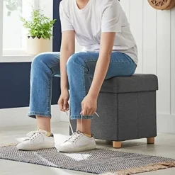 Songmics Sammenklappelig Cube Ottoman opbevaring og fodskammel med træfødder og låg Grå